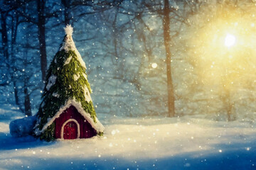 Abstract toy castle. Fairy hut. Christmas winter background. 3d image