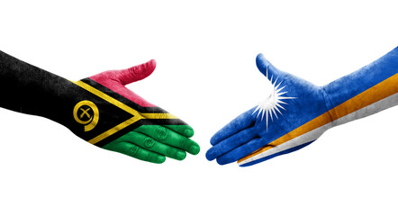 Handshake between Marshall Islands and Vanuatu flags painted on hands, isolated transparent image.