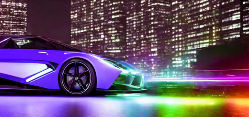 Futuristicc concept sport car in a metaverse city. Neon glowing. 3d