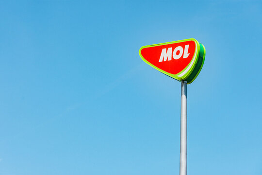 Cluj-Napoca, Romania - JUN 22, 2021: Mol company logo banner on a pillar against clear blue sky