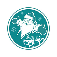 Christmas round silhouette sign of a good Santa Claus with arms spread and box.