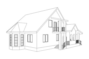 3D suburban house model. Drawing of the modern building. Cottage project on white background. Vector blueprint.