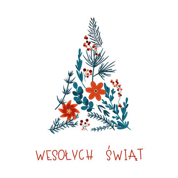 Wesolych Swiat kartka Happy Holidays winter  greeting card in Polish with hand lettering in under new year tree shaped design. Editable vector illustration.