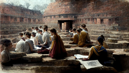 AI generated image depicting students from around the world studying at the ancient Nalanda university in Bihar, India. This university was a large Buddhist monastery and a leading center of education