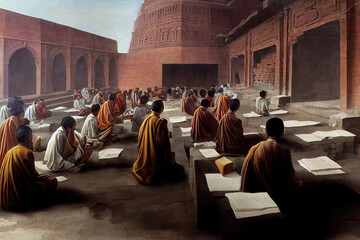 AI generated image depicting students from around the world studying at the ancient Nalanda university in Bihar, India. This university was a large Buddhist monastery and a leading center of education - obrazy, fototapety, plakaty