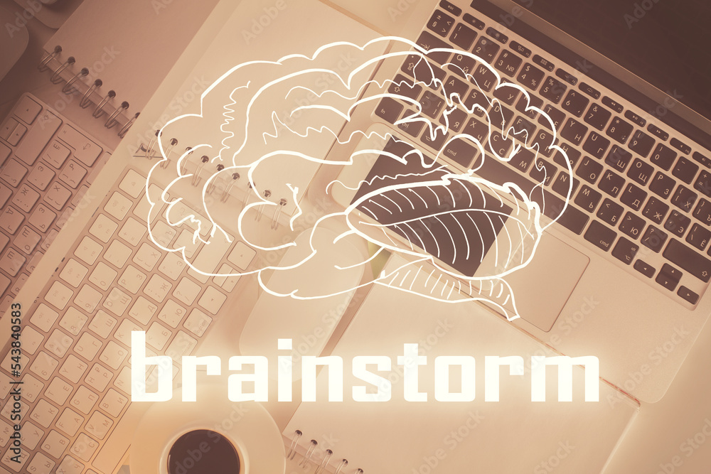 Poster Start up theme drawing over computer on the desktop background. Top view. Double exposure. Brainstorm concept.