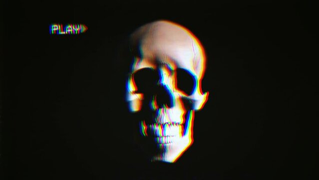 An old VHS tape recording, with intentional datamosh distortion, showing a scary skull, bad omen appearance. Halloween horror clip.
