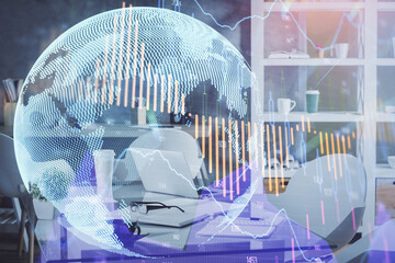 Multi exposure of stock market chart drawing and office interior background. Concept of financial analysis.
