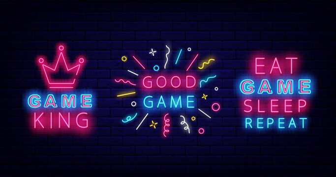Game design neon labels collection. Good game with confetti. Eat, sleep and repeat text. Vector stock illustration