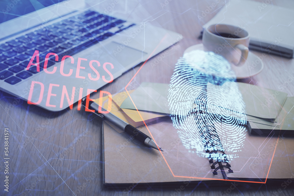 Poster Double exposure of fingerprint drawing and desktop with coffee and items on table background. Concept of security.