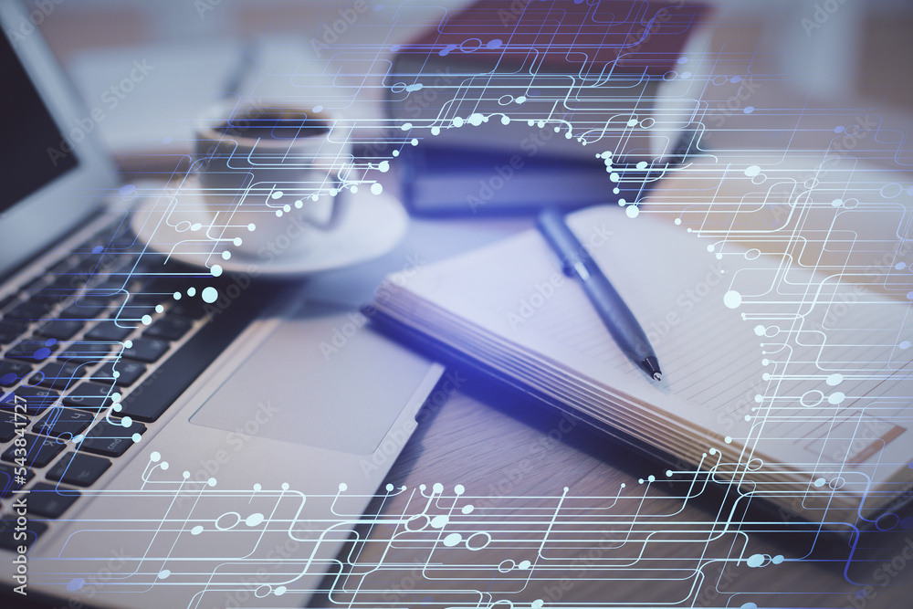 Aufkleber Double exposure of technology theme drawing and desktop with coffee and items on table background. Concept of data research.