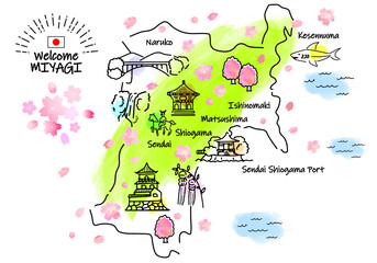 春の宮城県の観光地シンプル線画イラストマップ