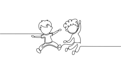 Happy jumping children. Continuous line drawing. Vector illustration on white background