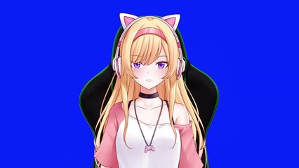 Anime girl vtuber on gaming chair on blue screen interacting virtual template 4K