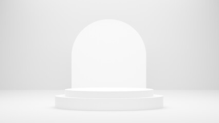 White podium or White circle platform on the Studio bright lighting, Concept of Minimal and clean for placing products, 3D rendering image.