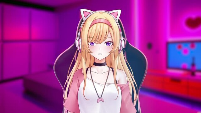 Virtual streamer vtuber anime girl interact with fans from girly pink bedroom 4K