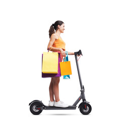 Woman with shopping bags on a scooter