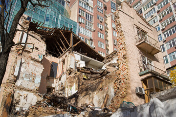 Kiyv, Ukraine - October 17, 2022. The four-story residential building in the Shevchenkivskyi district is seen damaged after it was hit by a kamikaze drone, as the war in Ukraine continues.