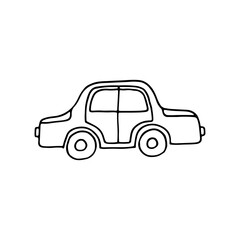 Passenger car on the road. Small electric car, low emissions. Caring for nature. Machine for travel and trips out of town. Doodle. Hand drawn. Vector illustration. Line. Outline.