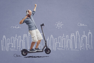 Man riding a scooter hands free and dancing