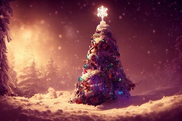 Geschmückter Weihnachtsbaum im Schnee mit hell leuchtendem Stern auf der Spitze, mady by AI, künstliche Intelligenz