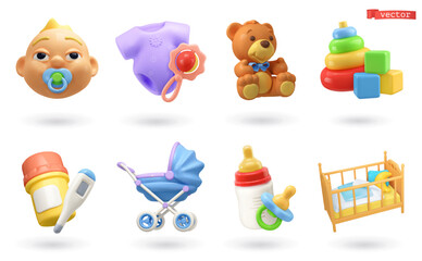 Baby cartoon 3d vector icon set. Child, clothes, bear, toys, medicine, stroller, baby food, cradle - 543845713