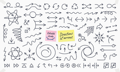Arrows and directions little drawings and doodles with editable stroke. Use with your own brush styles or as it is. Full vector hand drawn illustration icon set.