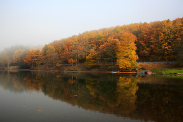 Lake fog sunrise with Autumn foliage and mountains