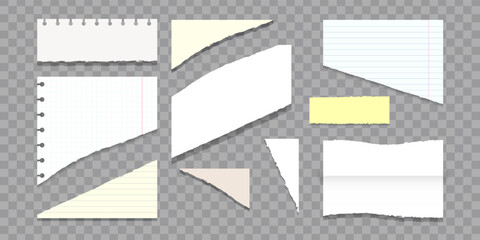 Torn sheets of paper. Realistic paper scraps with torn edges. Vector illustration.
