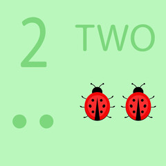 Fototapeta premium illustration of a children's card with number two. The worksheet learns to count and write number and ladybugs