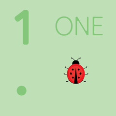illustration of a children's card with number one. The worksheet learns to count and write number and  ladybugs
