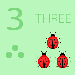 Obraz premium illustration of a children's card with number three. The worksheet learns to count and write number and ladybugs