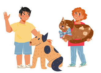 Kids pets owners, flat cartoon vector illustration isolated on white background. Happy children with their cute cat and dog. Kids loving animals.