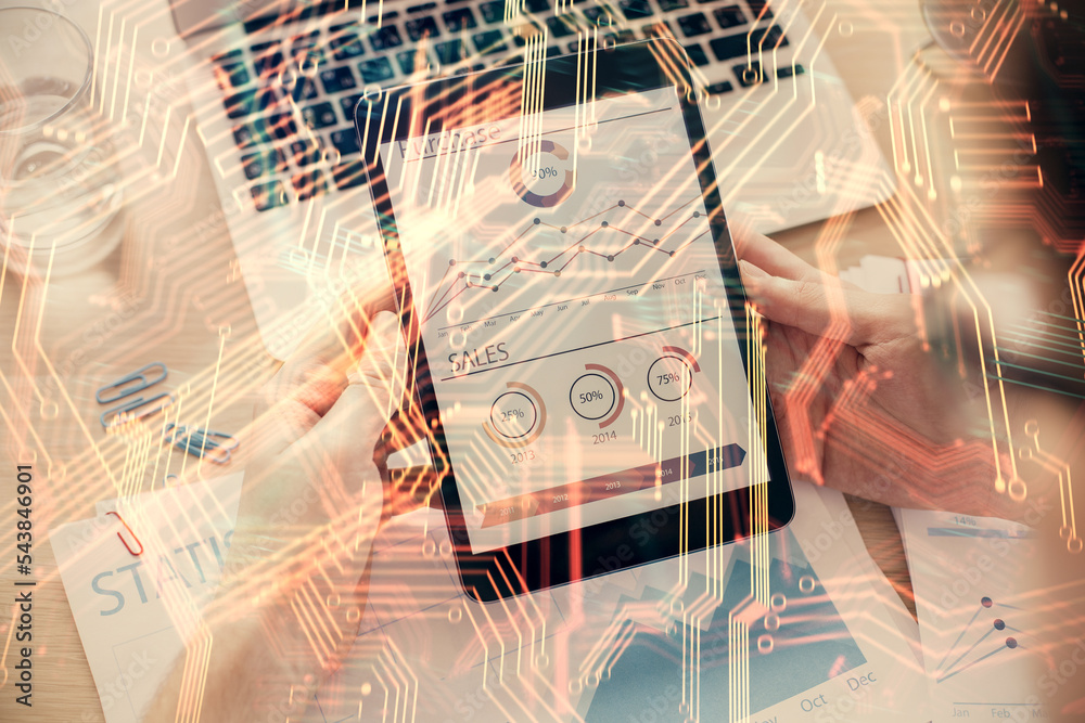 Poster double exposure of man's hands holding and using a digital device and tech theme hologram drawing. t
