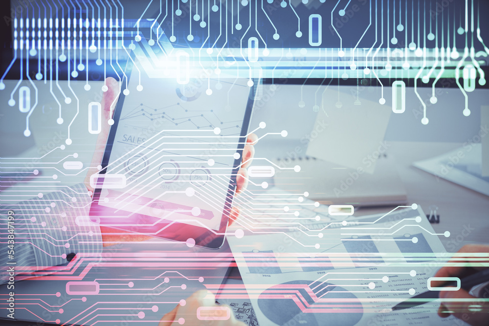 Poster Double exposure of man's hand holding and using a digital device and data theme hologram drawing. Technology concept.