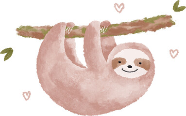 Cute pink sloth watercolor illustration. Funny cartoon sloth clipart - 543847167