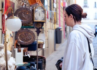 Girl at a flea market. The flea market. Madrid