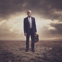Businessman lost in a dry desert land