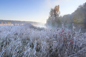 River bank in the morning in the fall with fog.	