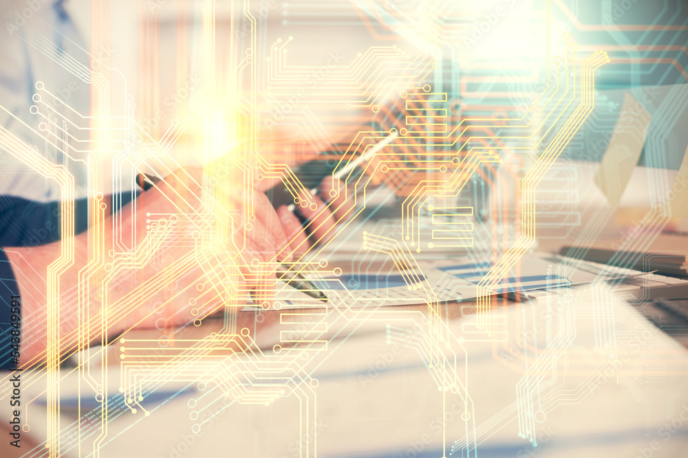 Poster Multi exposure of man's hands holding and using a digital device and map drawing. International business concept.