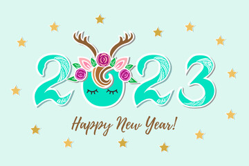Vector Illustration 2023 with Deer Tiara and eyes as Happy New Year postcard, party invitation, postcard motive, Merry Christmas card.