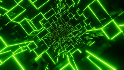 Flying through a tunnel of green neon cubes. 3D rendering illustration