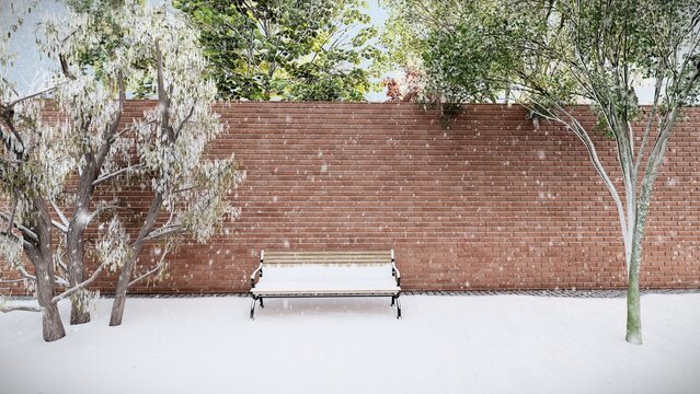 Bench and trees covered with snow in city park. 3d render