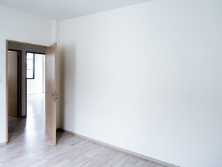 Blank white wall background in the empty room near the wooden opened door with copy space. White wall space background in the new home.