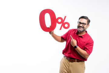 Indian man showing zero percent board on white background.