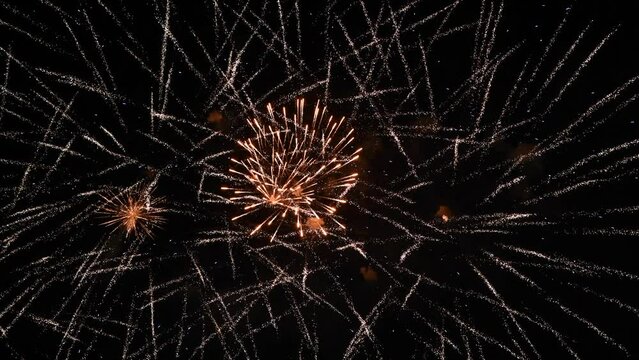 Beautiful firework explodes in night sky. Holiday celebration. Real time video. Copy space for your text. Winning theme.