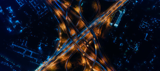 Modern Clever transportation with Expressway top aerial view, highway Road traffic an important infrastructure, Road and Roundabout. Transportation and travel concept.
