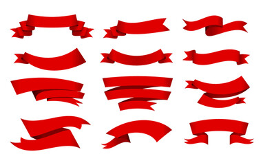 Red ribbons banner elements. Decorative retro flags, ribbons for text, price tags, sales tags. Isolated on white background