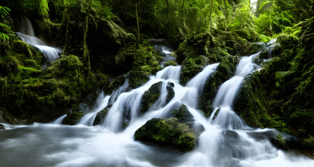 Fototapeta premium Realistic illustration Green Forest With Cascading Waterfalls