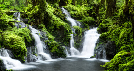 Obraz premium Realistic illustration Green Forest With Cascading Waterfalls